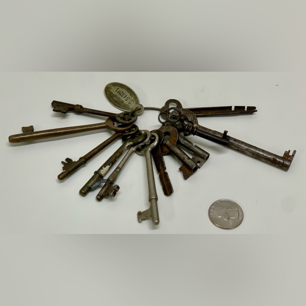 (Lot of 12) Antique Skeleton Keys Property of Chicago Insurance Company Keyring